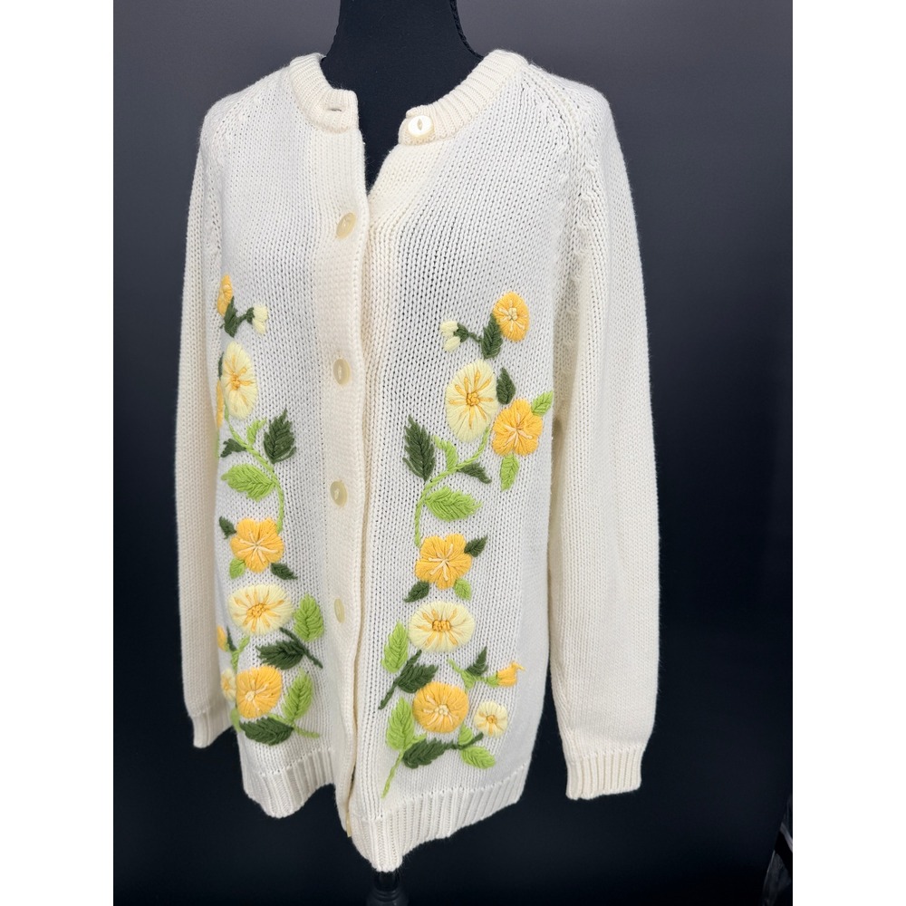 Sears Cardigan Sweater Womens L Cream Yellow Vintage 90s Floral Embroidered